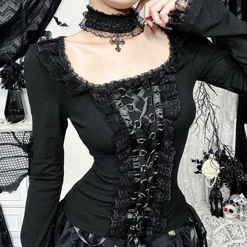 Gothic Romantic Goth Lace Ruffles Patchwork Square Collar Long Sleeve Top