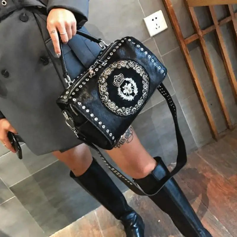 Gothic Embroidered Studded Large Shoulder Crossbody Bag Handbag