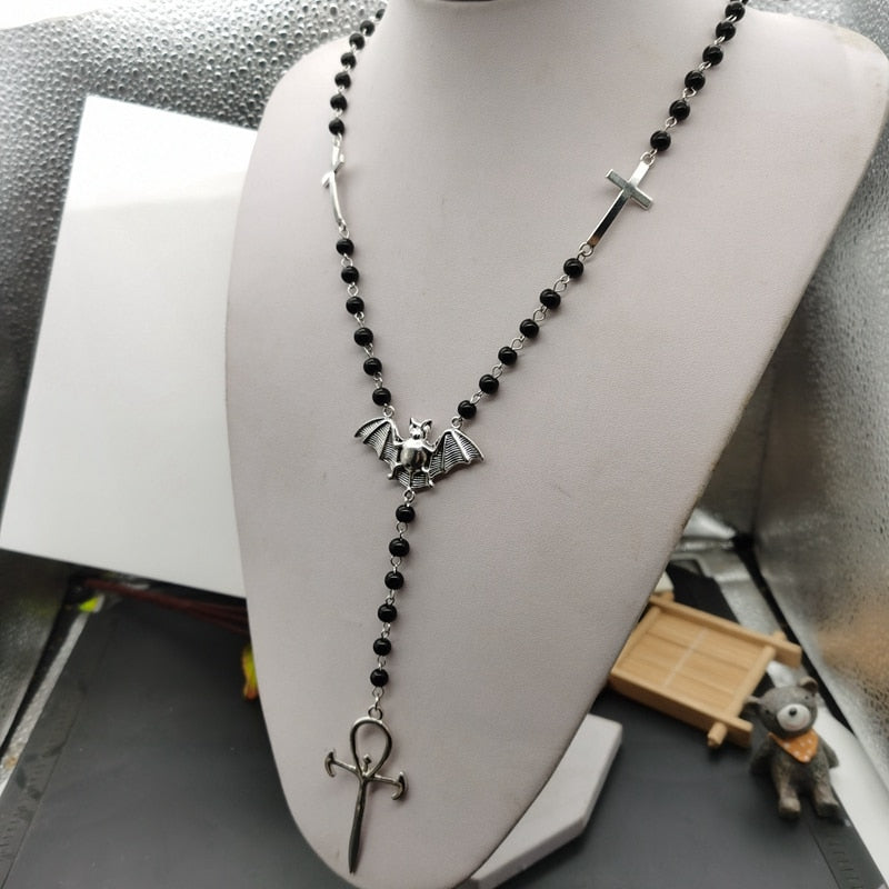 Gothic Bat Ankh Cross Rosary Necklace
