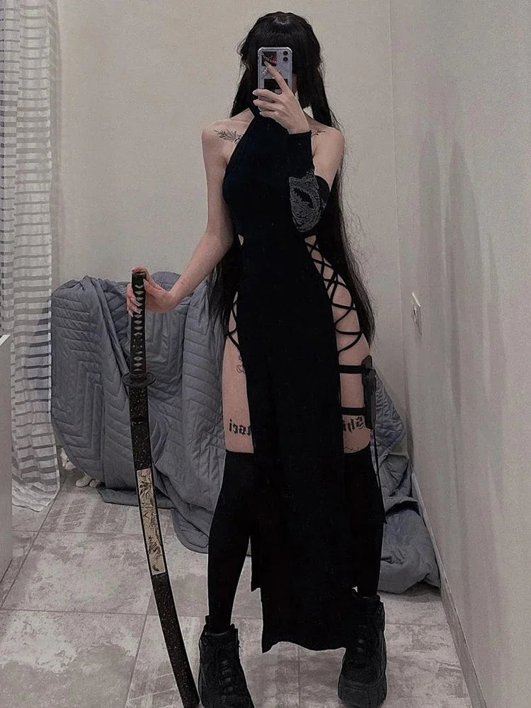 Gothic Alt Goth Dark Cosplay Lace Up High Slit Dress