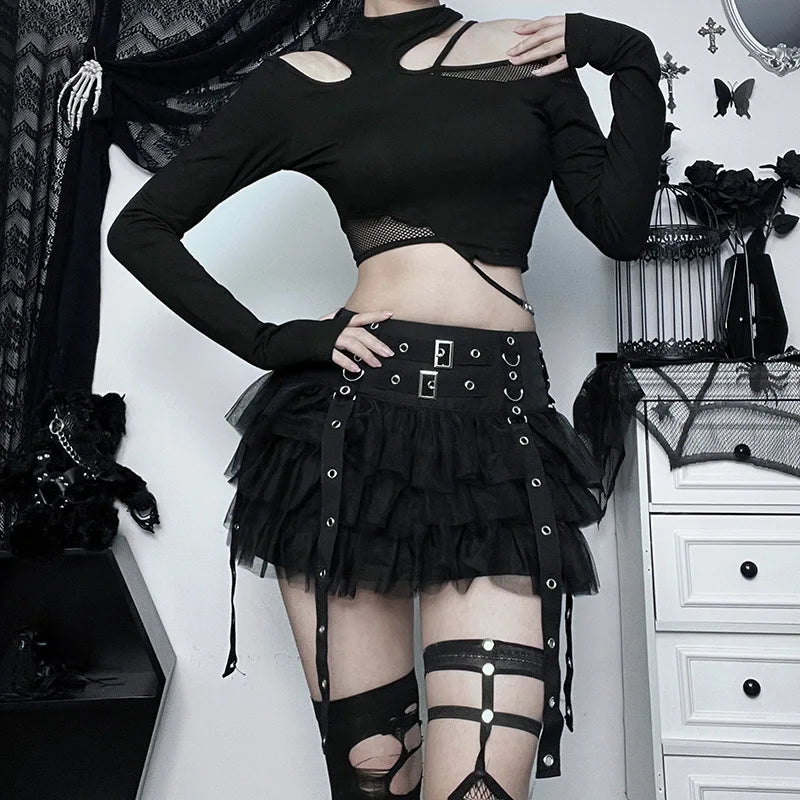 Gothic Ruffles Mesh Splice Buckles Mini Skirt