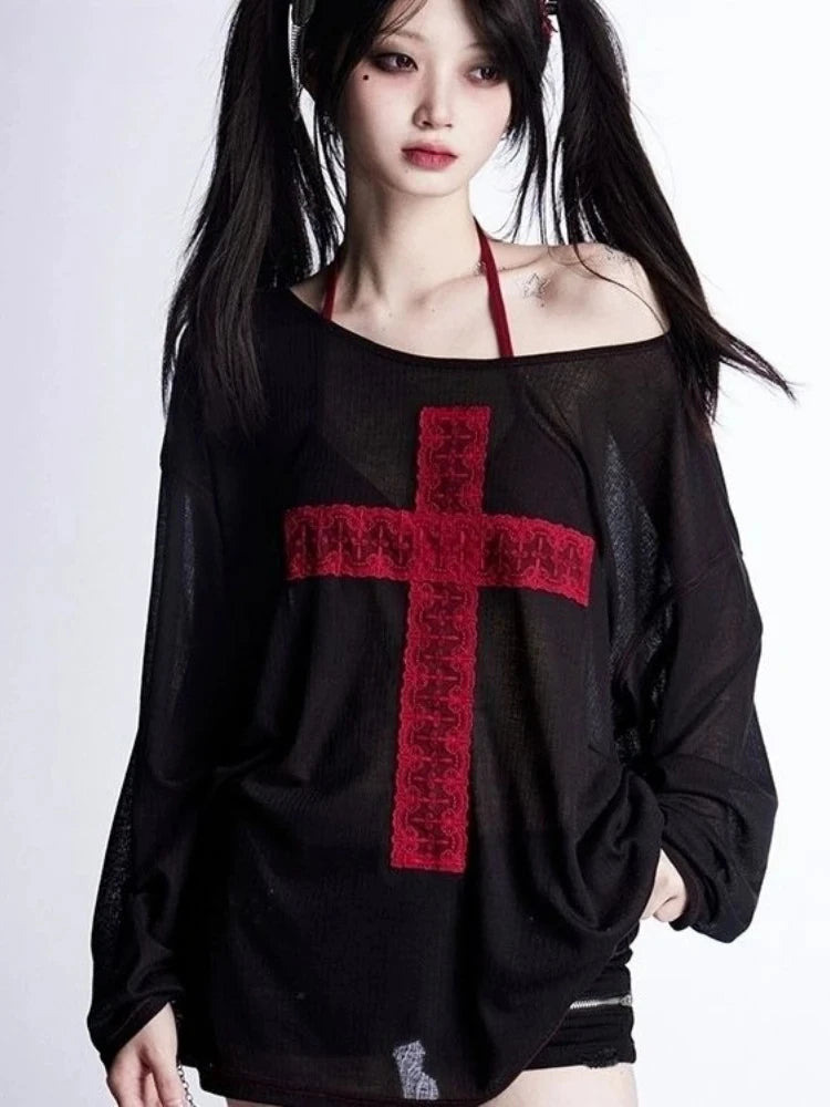 Gothic Y2K Alt Goth Cross Patchwork See Through Long Sleeve Top