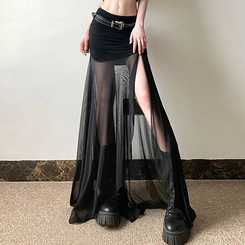 Gothic Alt Goth High Waist Mesh Patchwrok High Slit Long Skirt