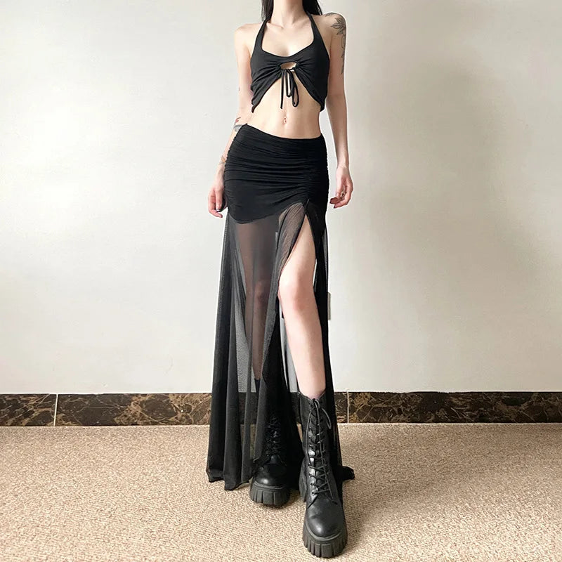 Gothic Alt Goth High Waist Mesh Patchwrok High Slit Long Skirt
