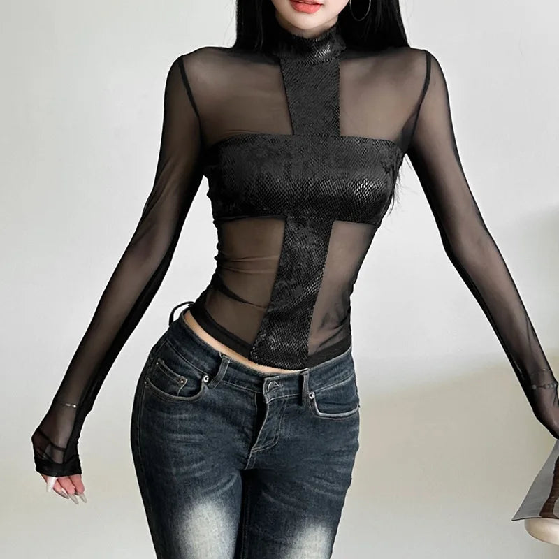 Gothic Alt Y2K Goth Cross Patchwork Mesh See-Through Long Sleeve Shirt Top