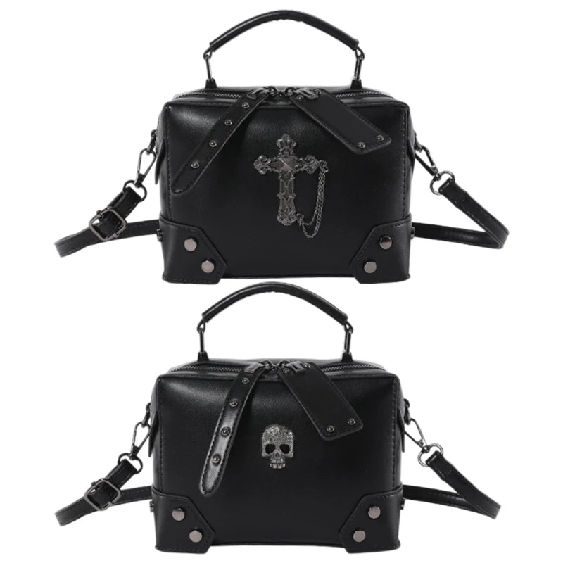 Gothic Punk Alt Goth Cross Skull Chain PU Leather Boxy Handbag Crossbody Bag with Top Handle