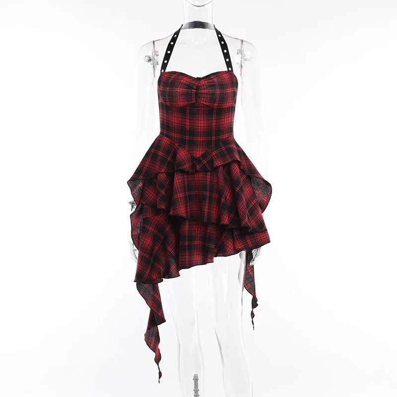 Gothic Grunge Y2K Red Plaid Irregular Hem Halter Mini Dress