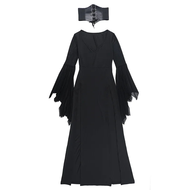 Gothic Dark Romantic Goth Sheer Flare Sleeves High Slit Wide Belt Long Dress