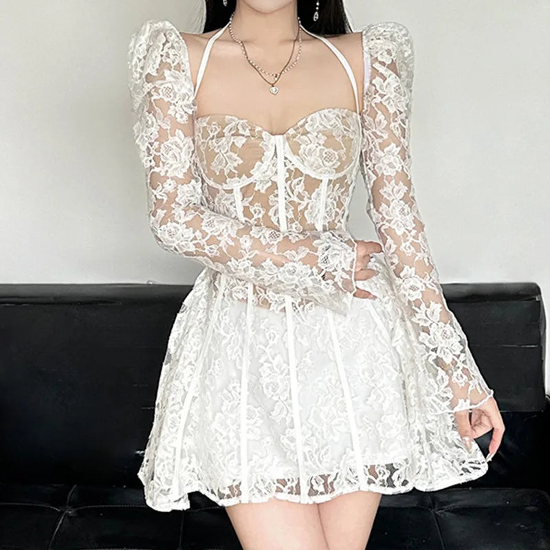 Gothic Romantic Goth Puff Sleeve Corset Waist White Lace Mini Dress