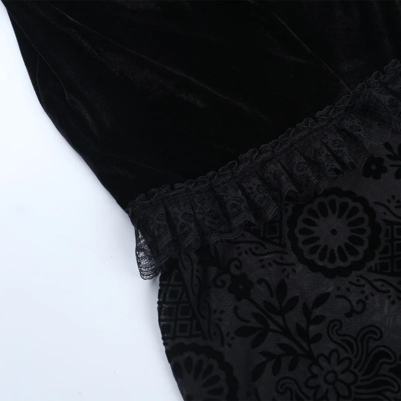 Gothic Romantic Goth Flocking Lace Batwing Sleeve Hooded Long Dress