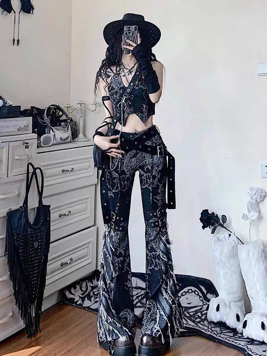 Gothic Y2K Harajuku Goblin Low Rise Distressed Flare Pants