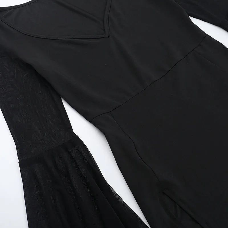 Gothic Dark Romantic Goth Sheer Flare Sleeves High Slit Wide Belt Long Dress