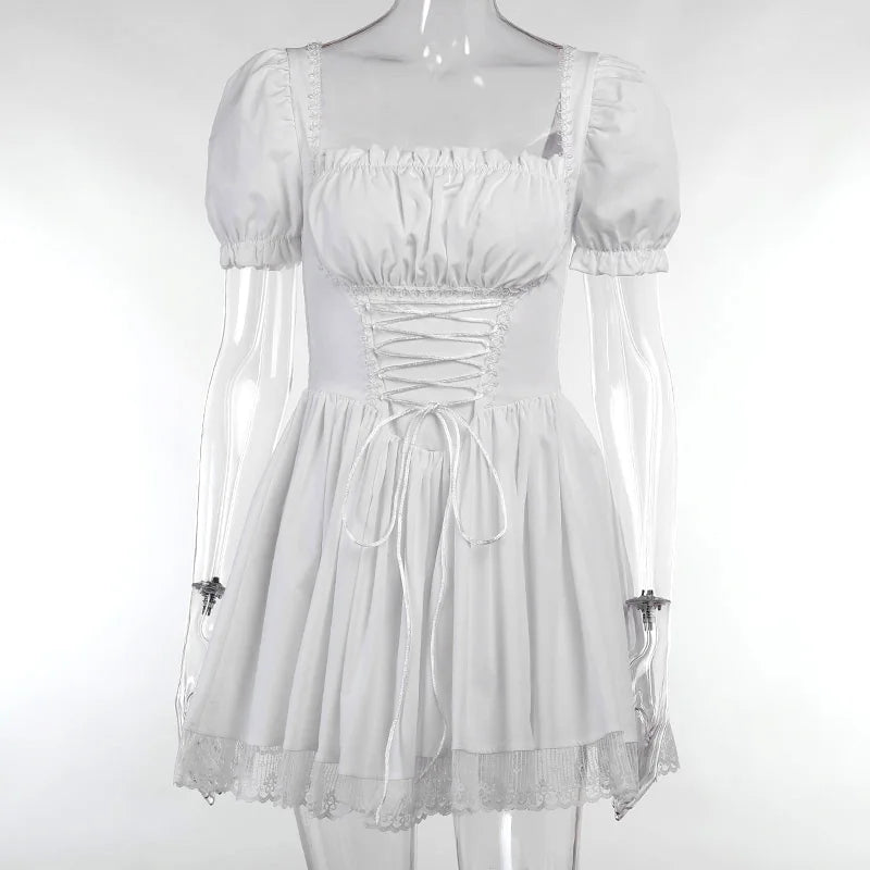 Gothic Vintage Corset Waist Lace Trim Mini Dress (available in 2 colors)