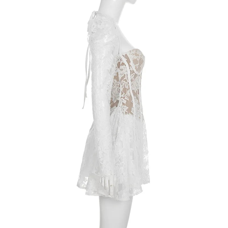 Gothic Romantic Goth Puff Sleeve Corset Waist White Lace Mini Dress