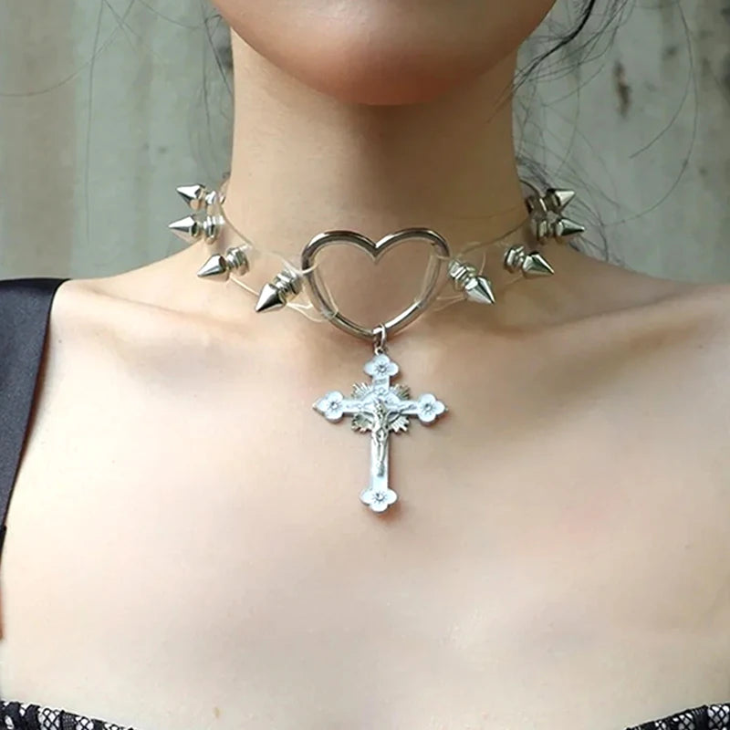 Gothic Alt Goth Heart Crucifix Studded Choker Necklace