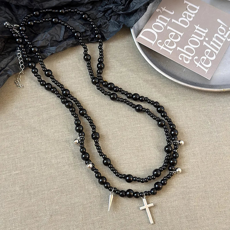 Gothic Alt Goth Cross Pendant Layered Beaded Necklace