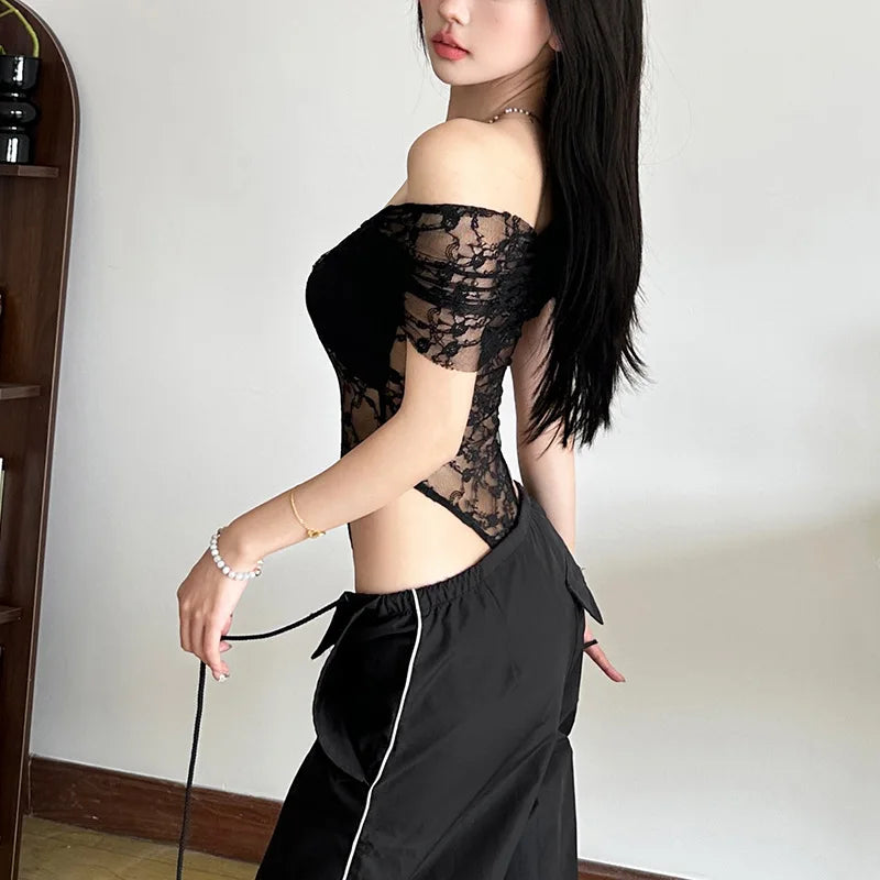 Gothic Alt Goth Off Shoulder Lace Mesh Bodysuit Top