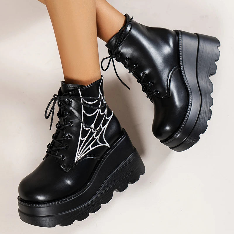 Gothic Spider Web Lace Up Chinky Wedge Platform Boots