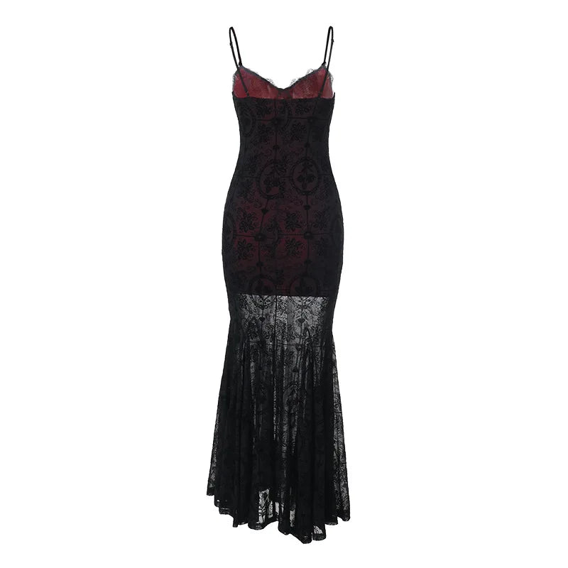 Gothic Alt Goth Dark Vintage Sheer Overlay Spaghetti Strap Dress