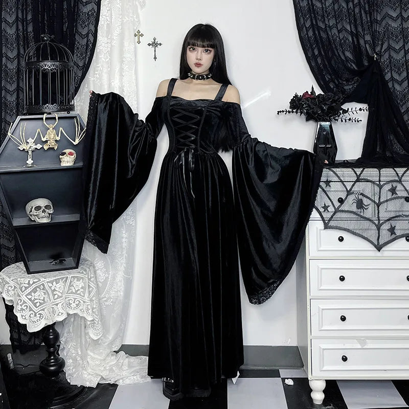 Gothic Romantic Alt Goth Cold Shoulder Bell Sleeve Lace Up Dress ROCK 'N DOLL Gothic Romantic Alt Goth Cold Shoulder Bell Sleeve Lace Up Dress ROCK 'N DOLL