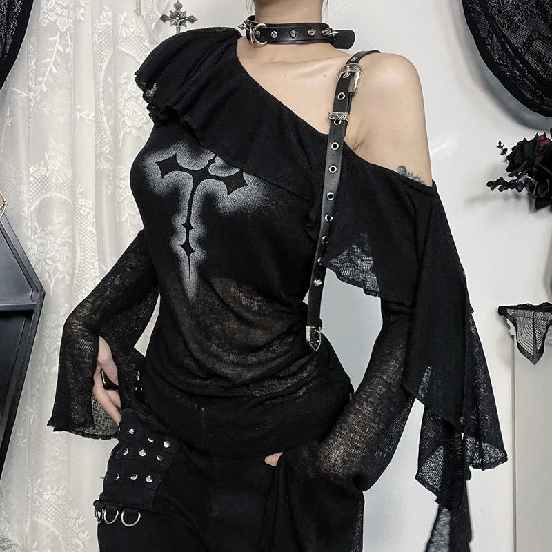 Gothic Y2K Alt Goth Cross Print Off Shoulder Leather Buckle Long Sleeve Top
