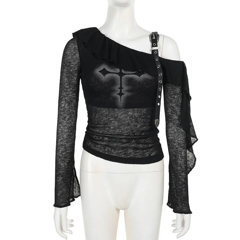 Gothic Y2K Alt Goth Cross Print Off Shoulder Leather Buckle Long Sleeve Top