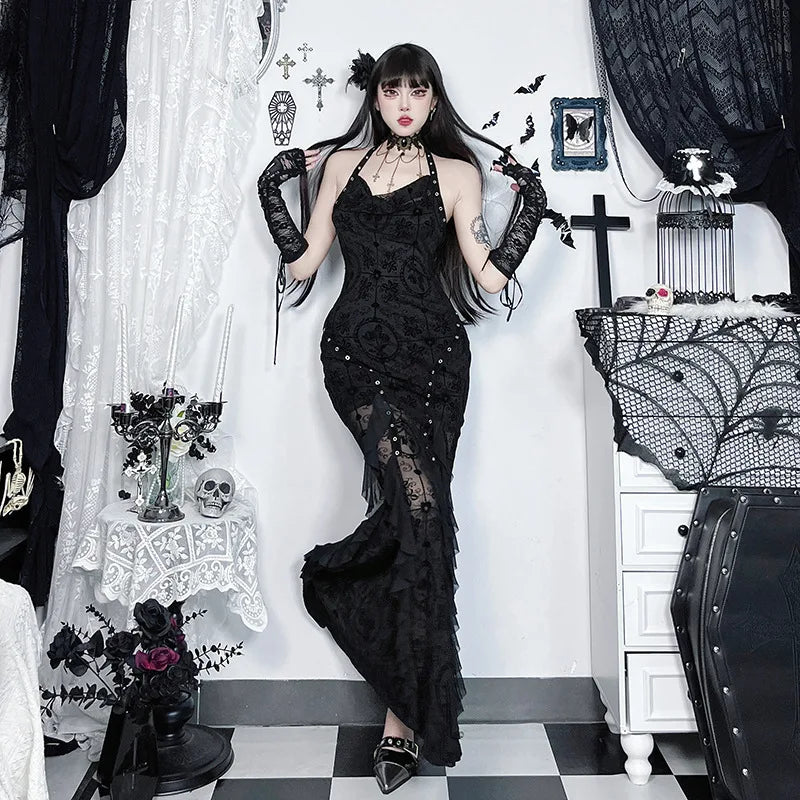 Gothic Romantic Goth Vintage Mesh Patchwork Halter Trumpet Dress