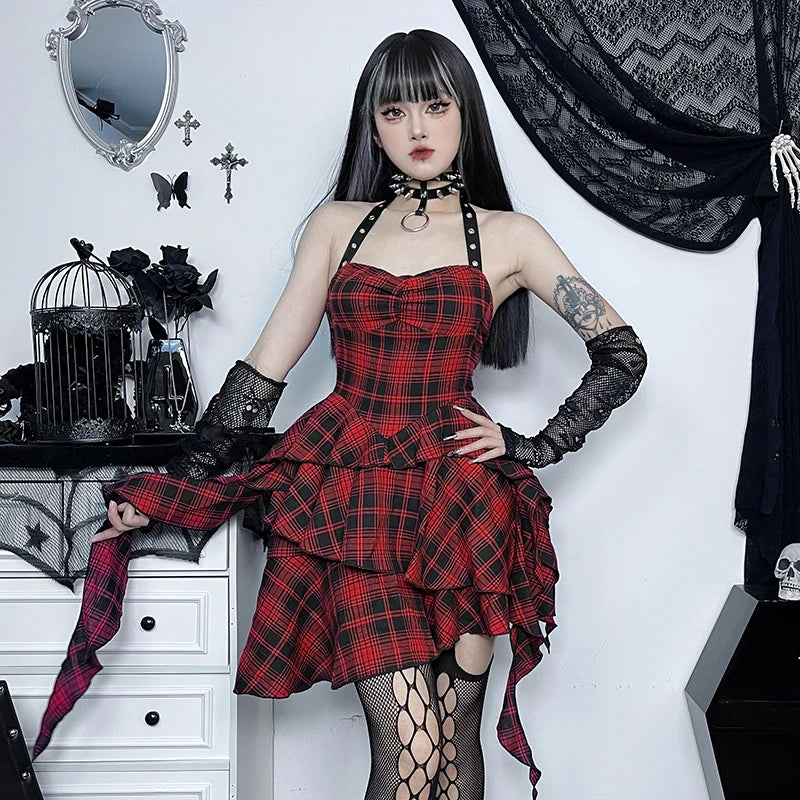 Gothic Grunge Y2K Red Plaid Irregular Hem Halter Mini Dress