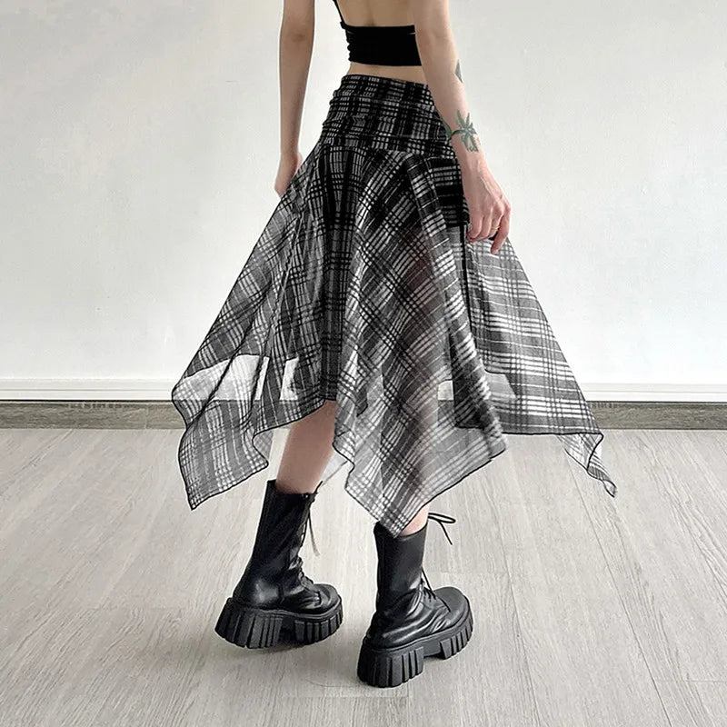Gothic Alt Goth Grunge Y2K Plaid Mesh Patchwork Irregular Hem Midi Skirt