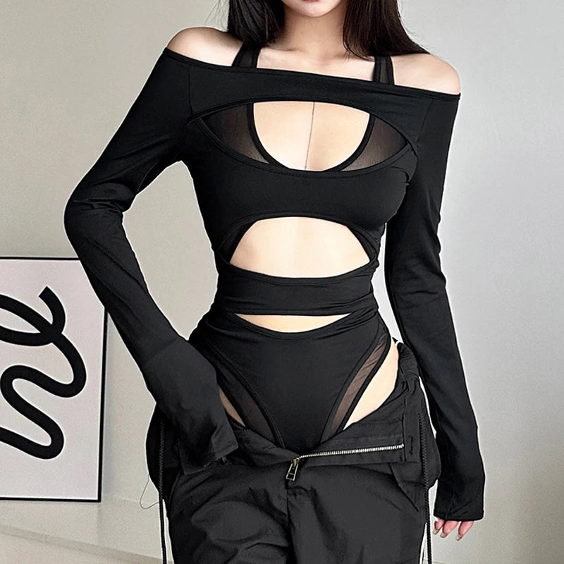 Gothic Y2K Cyberpunk Mesh Hollow Out Bodysuit