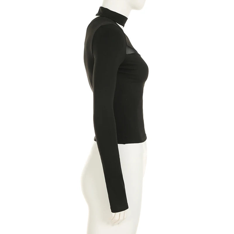 Gothic Alt Goth Cross Sheer Hollow Out Mesh Long Sleeve Top