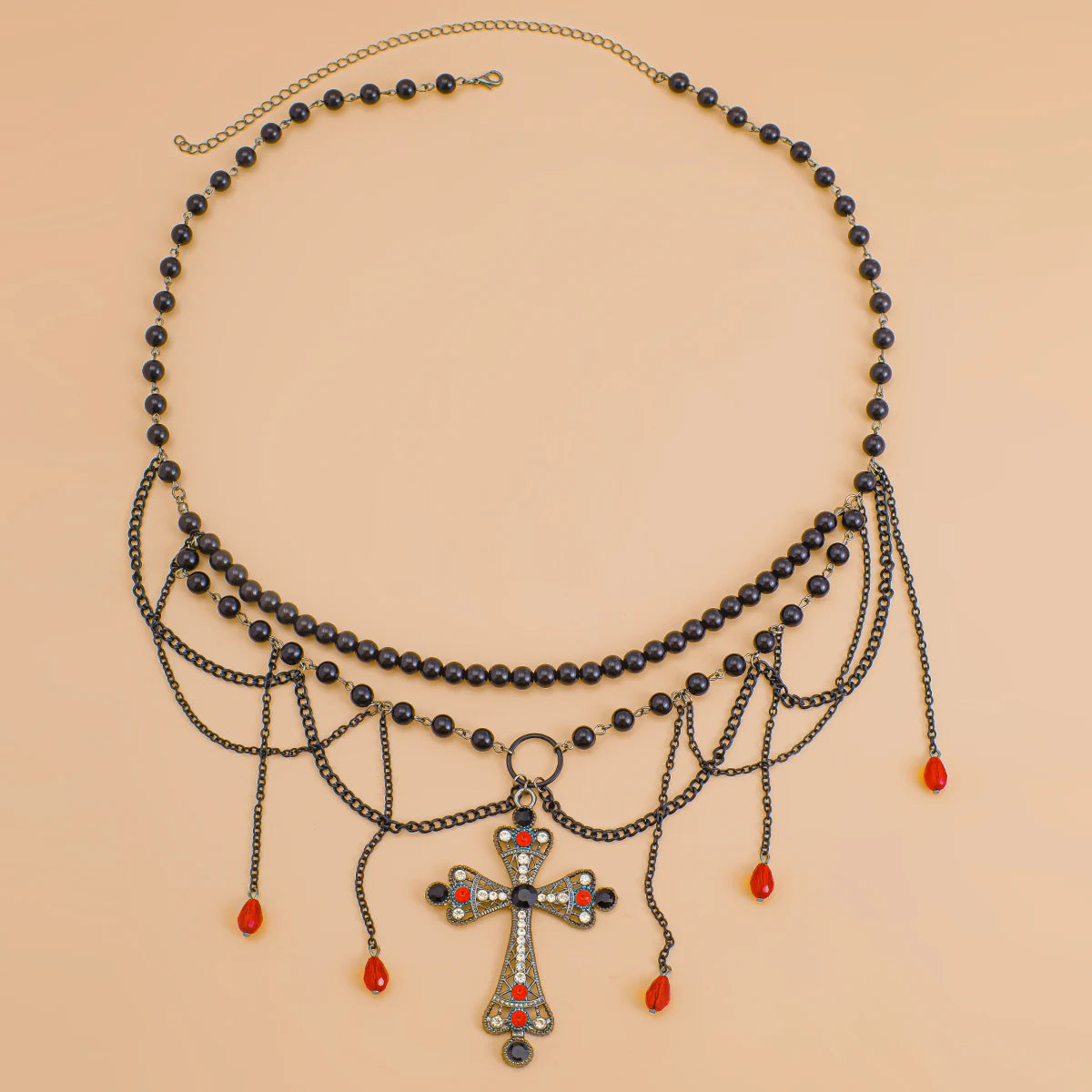 Gothic Romantic Black Crystal Cross Pendant Waist Belly Chain Belt
