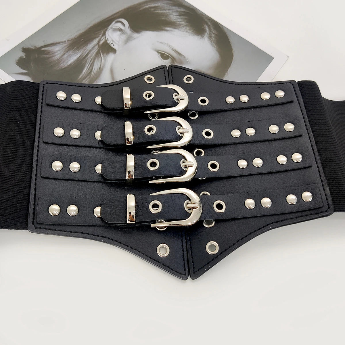 Gothic Alt Goth Studded Multiple Buckles Wide Elastic Cummerbund Belt