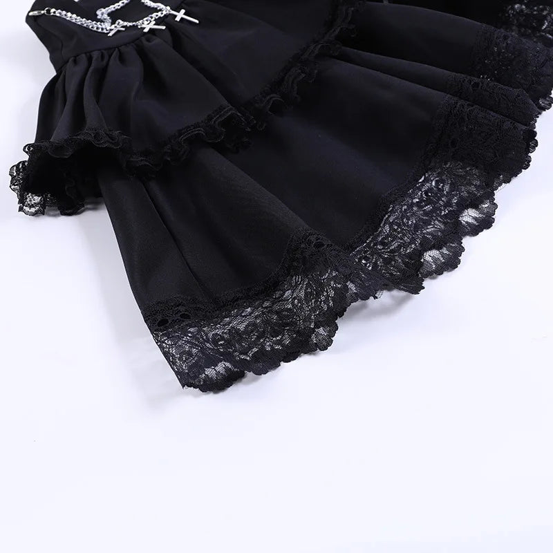 Gothic Romantic Chain Cross Lace Up Waist Cake Mini Skirt