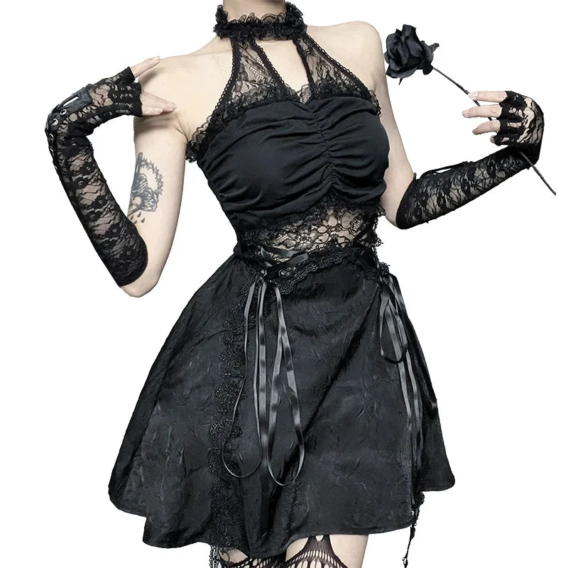 Gothic Romantic Alt Goth Lace Patchwork Ruched Halter Dress