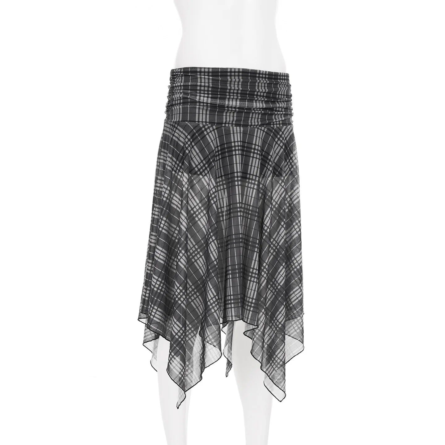Gothic Alt Goth Grunge Y2K Plaid Mesh Patchwork Irregular Hem Midi Skirt