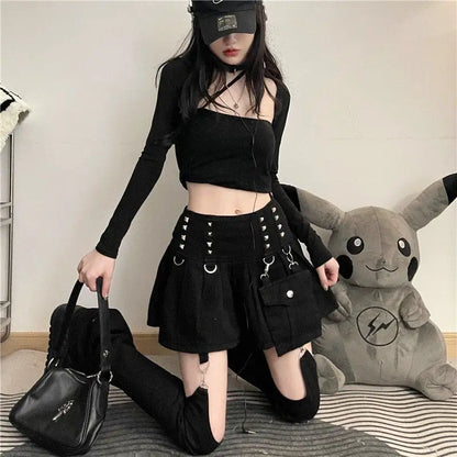 Gothic Punk Rivets Pleated Mini Skirt with Hollow Out Trouser Leg Warmer