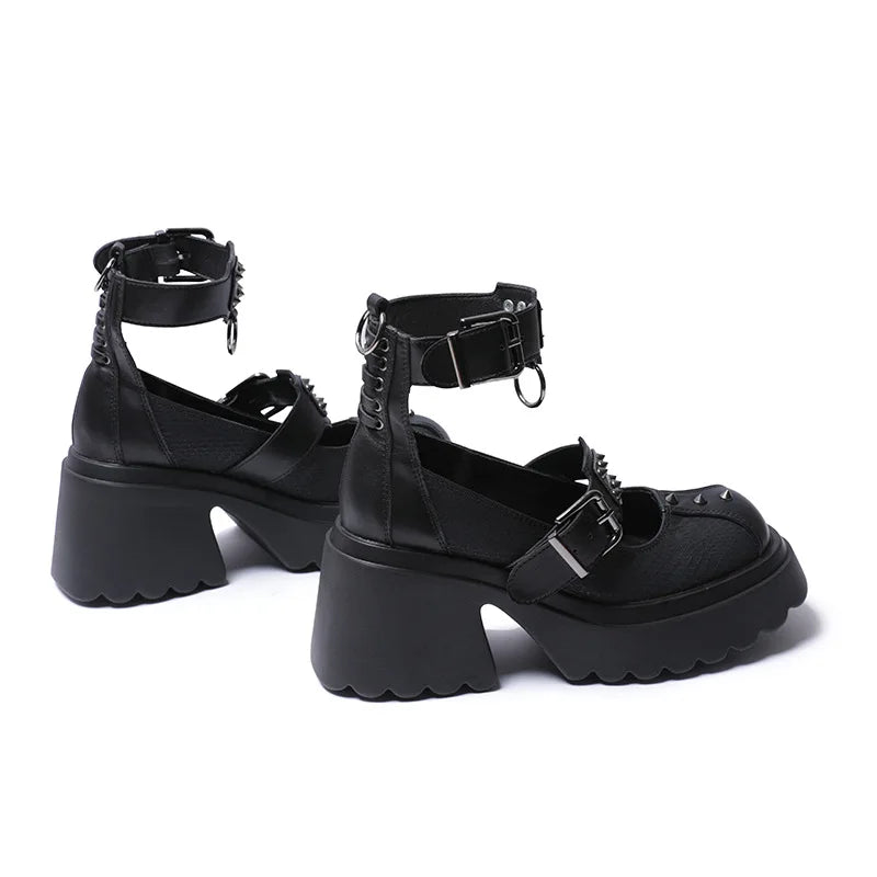 Gothic Alt Goth Punk Spikes Ring Rivets Platform Heels Mary Janes Pumps