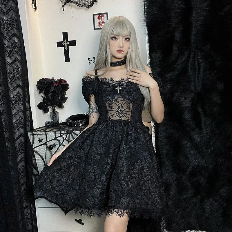 Gothic Romantic Off Shoulder Jacquard Lace Hem Mini Dress