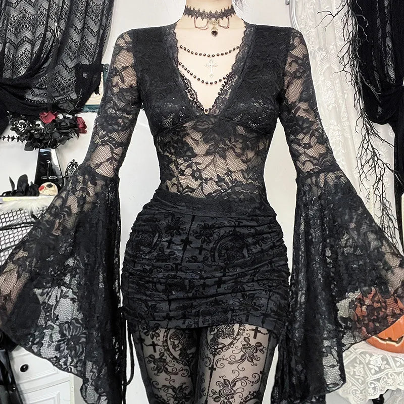 Gothic Vampire V-Neck Chain Beads Lace Bell Sleeves Top