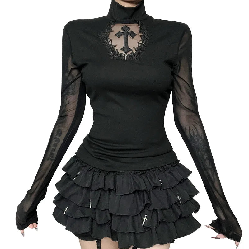 Gothic Alt Goth Vintage Cross Lace Patchwork Sheer Long Sleeve Top
