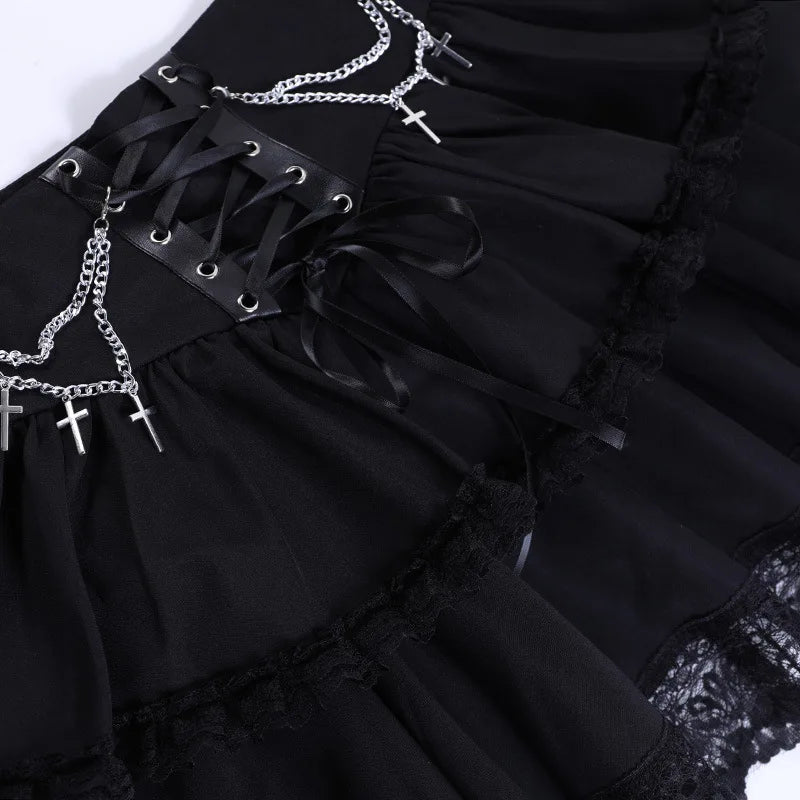 Gothic Romantic Chain Cross Lace Up Waist Cake Mini Skirt