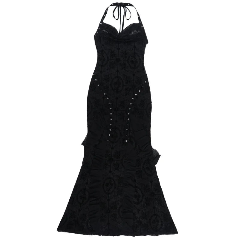 Gothic Romantic Goth Vintage Mesh Patchwork Halter Trumpet Dress