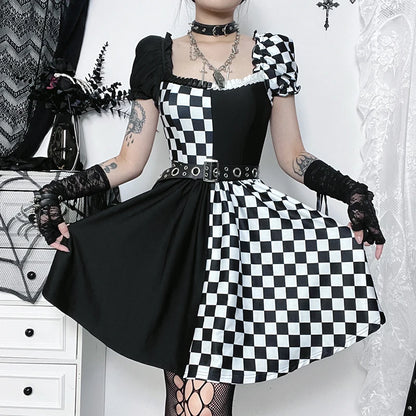Gothic Checkered Puff Sleeves Mini Dress