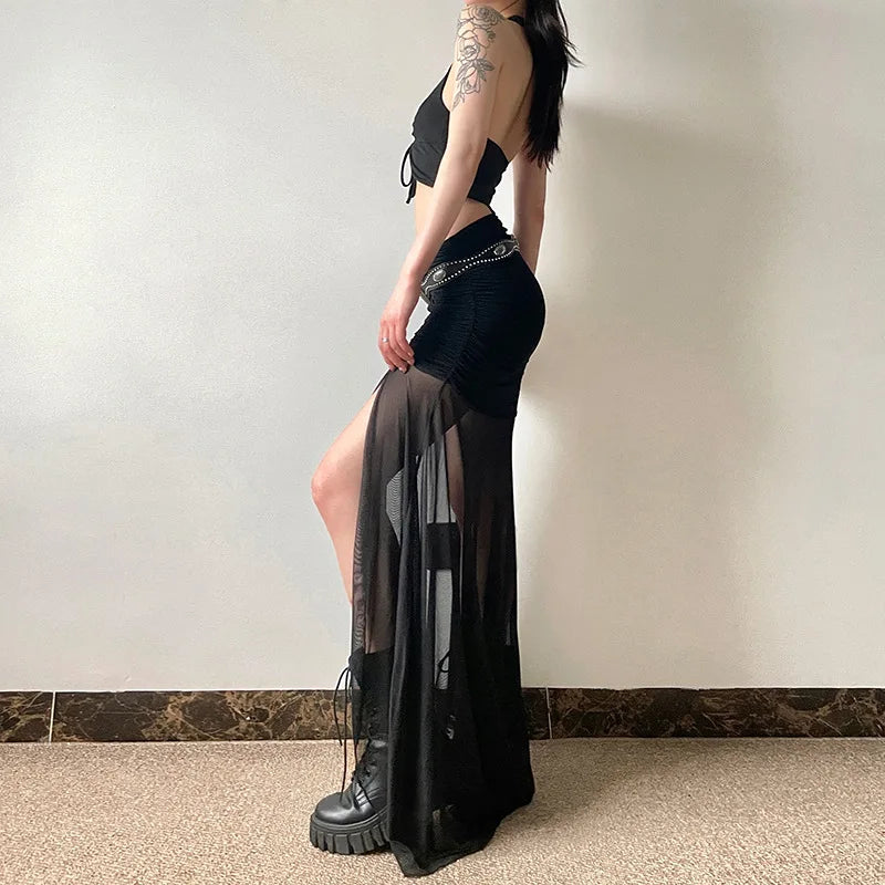 Gothic Alt Goth High Waist Mesh Patchwrok High Slit Long Skirt