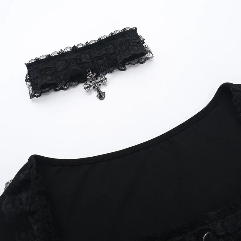 Gothic Romantic Goth Lace Ruffles Patchwork Square Collar Long Sleeve Top
