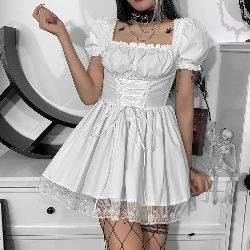 Gothic Vintage Corset Waist Lace Trim Mini Dress (available in 2 colors)