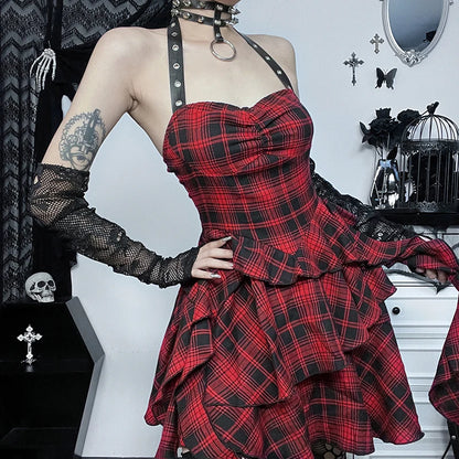 Gothic Grunge Y2K Red Plaid Irregular Hem Halter Mini Dress
