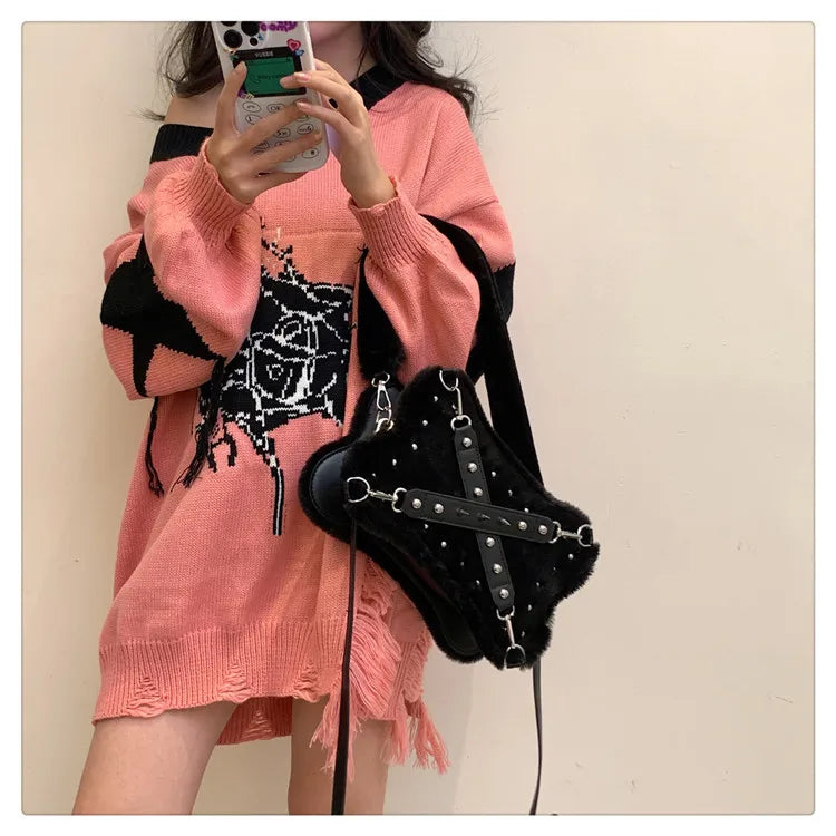 Gothic Alt Goth Y2K Bone Plush Studded Crossbody Shoulder Bag (available in 2 colors)