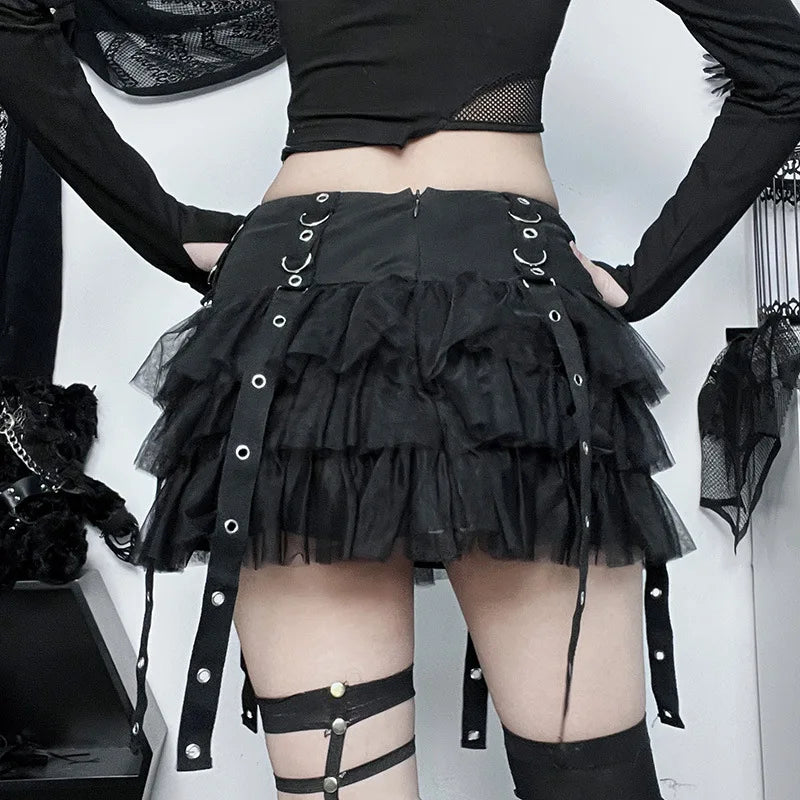 Gothic Ruffles Mesh Splice Buckles Mini Skirt